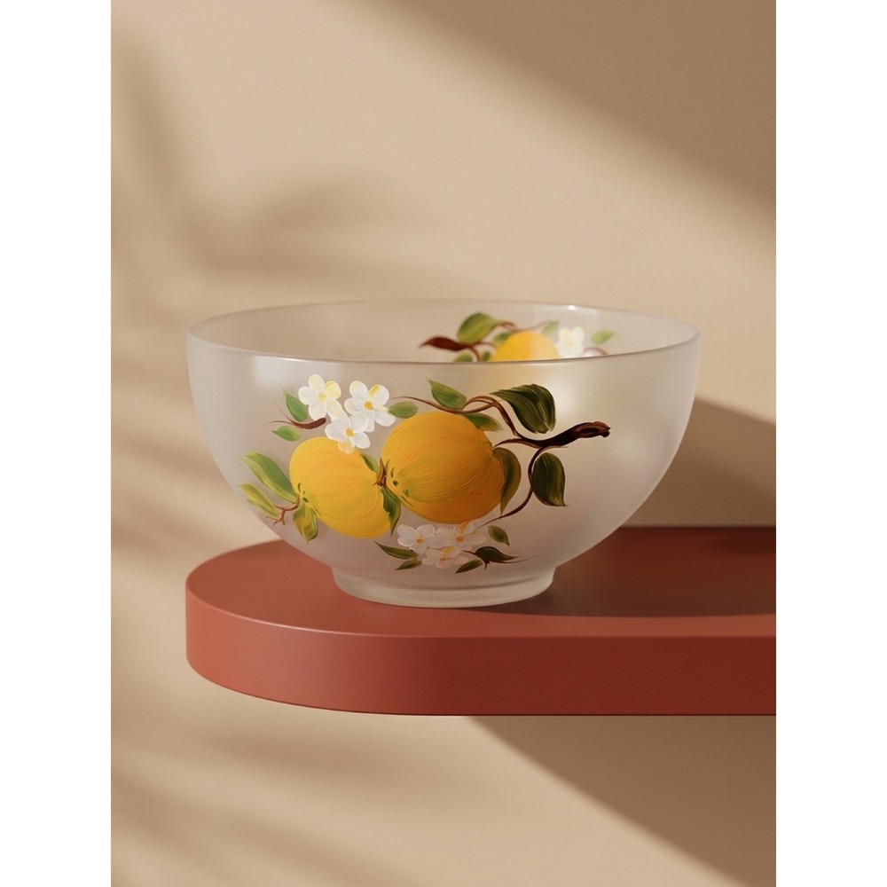 Modern Frosted Glass Salad Bowl Hand Painted Lemon Citrus Floral White Yellow
